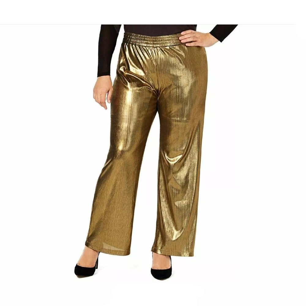 NY COLLECTION WOMENS STRETCH WIDE LEG PANTS METALLIC GOLD STRIPED  1XP